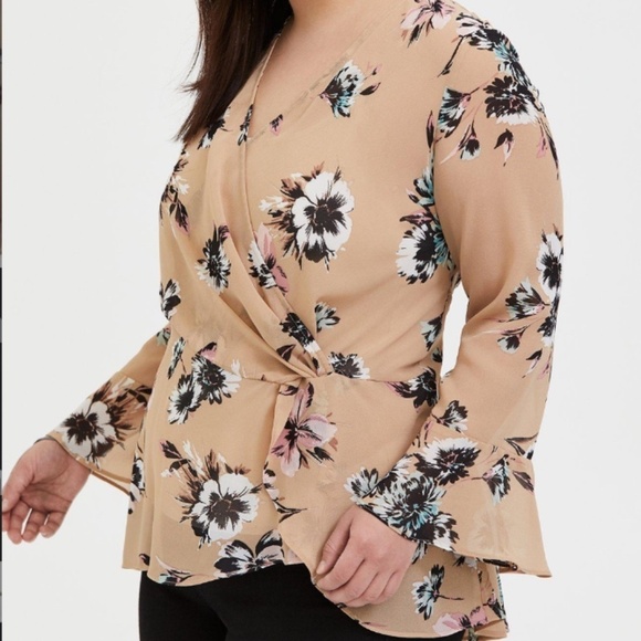 Torrid Floral Wrap Top 2X Tan Hippie Boho Western Feminine Peasant Peplum Artsy - Picture 1 of 14